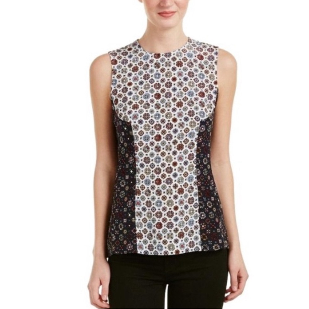 Derek Lam 10 Crosby Silk Mixed Media Floral Geometric Sleeveless Blouse Size 10 - Picture 1 of 10